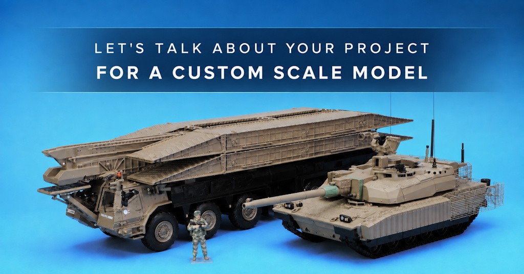 Custom military scale models made by Promodels: bridge-laying vehicle and battle tank