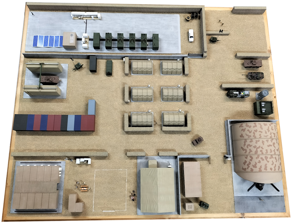 Aerial view of the Novakamp diorama created by Promodels on a 1/87 scale, featuring buildings, shelters, vehicles, and equipment