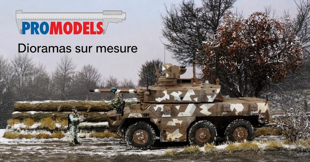 Diorama militaire sur mesure Promodels représentant un véhicule blindé dans un décor enneigé