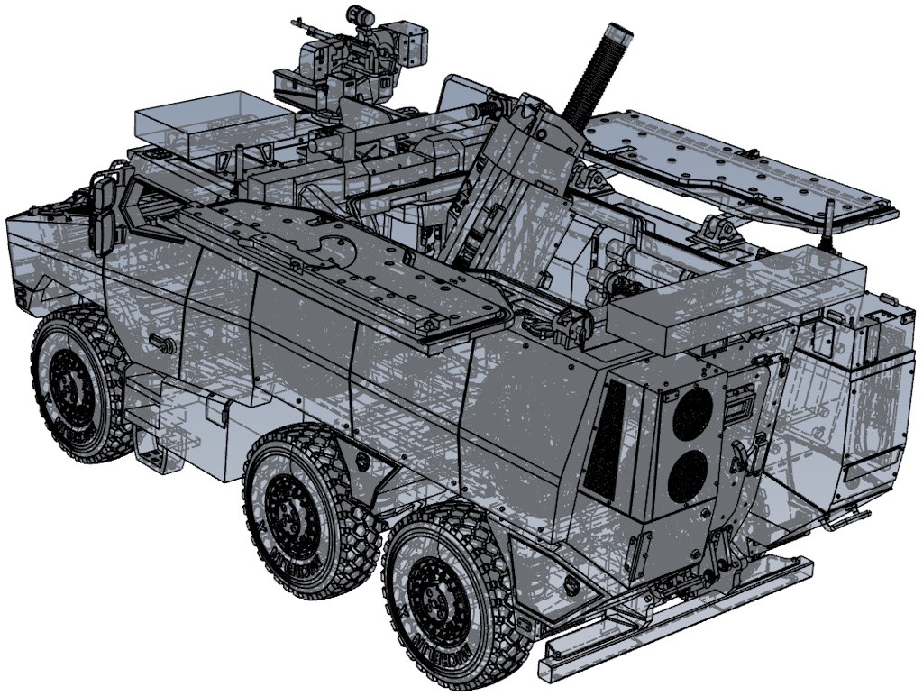 Vue filaire 3D du Griffon MEPAC au 1/48, montrant la superposition des composants extérieurs et intérieurs.