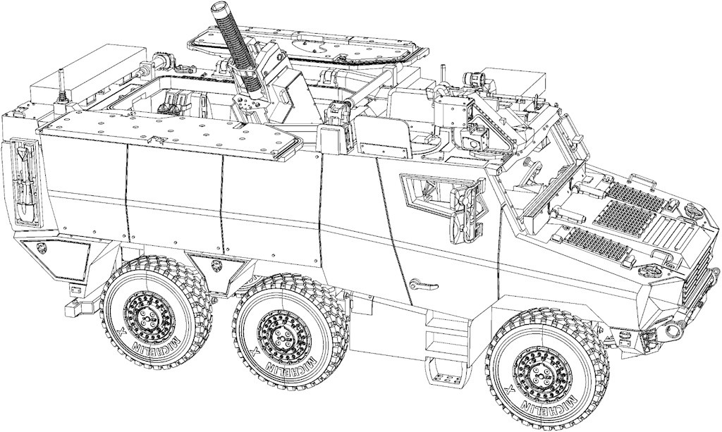 Dessin technique en perspective du Griffon MEPAC au 1/48, avec les contours du véhicule, des roues et du mortier.