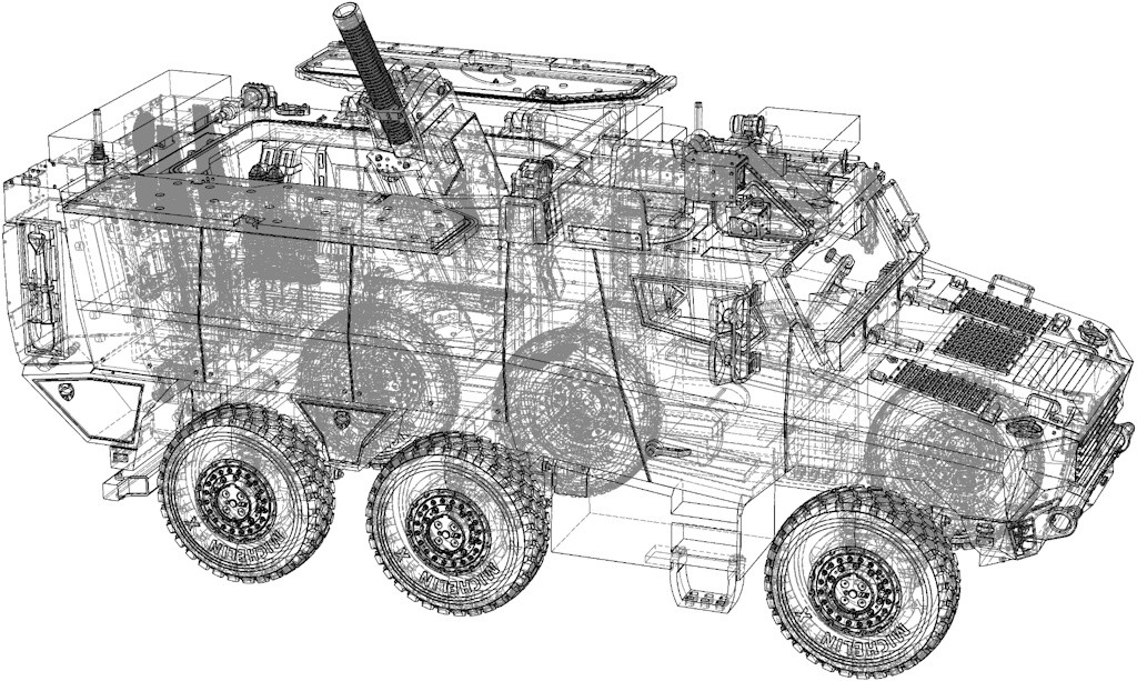 Vue filaire 3D du Griffon MEPAC au 1/48, montrant la superposition des composants extérieurs et intérieurs.