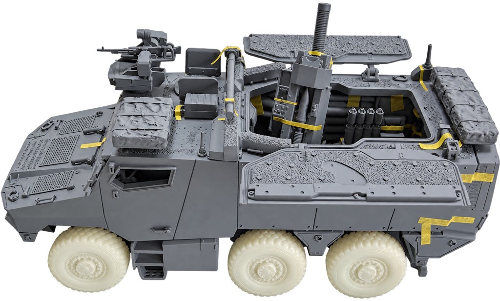 Prototype gris du Griffon MEPAC au 1/48 réalisé par Promodels, avec trappes ouvertes et mortier visible.