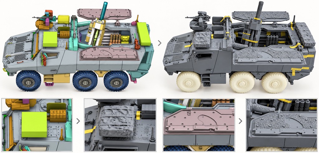 Comparaison du Griffon MEPAC en 3D et de son prototype, avec gros plans sur une panière bâchée et une trappe antidérapante.