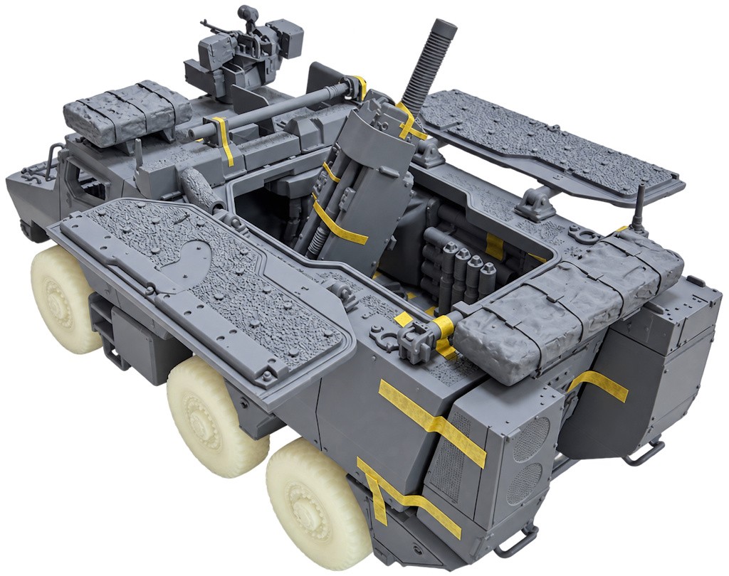 Vue de trois quarts arrière du prototype Griffon MEPAC au 1/48, avec mortier et panières bâchées.