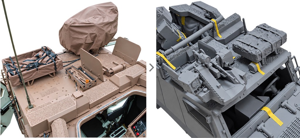 Comparaison de la toiture du véhicule réel et de la maquette, montrant les supports d’équipements, les panières et les textures.
