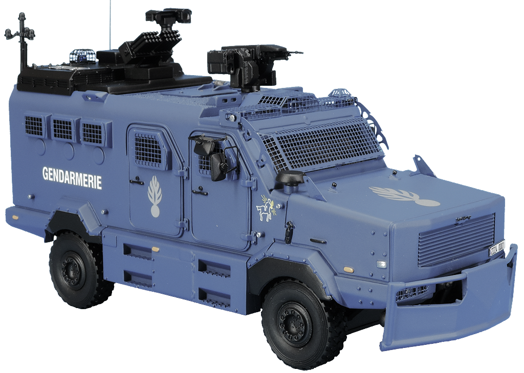 Promodels 1/48-scale model of the Gendarmerie's Centaure armored vehicle, featuring protective grilles and detailed equipment