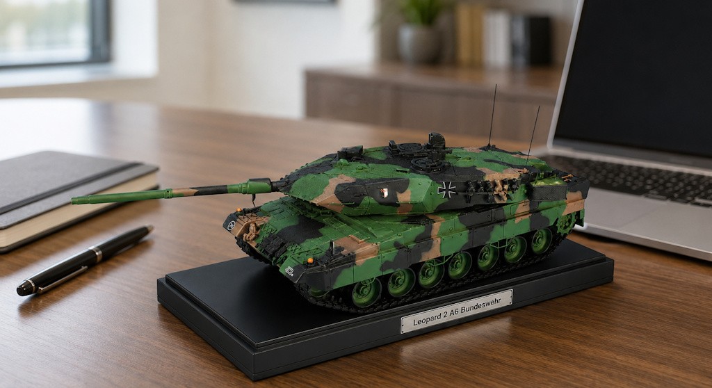 A 20-cm model of the Bundeswehr Leopard 2 A6 tank on a black base with a nameplate, displayed on a professional desk for unbeatable marketing!