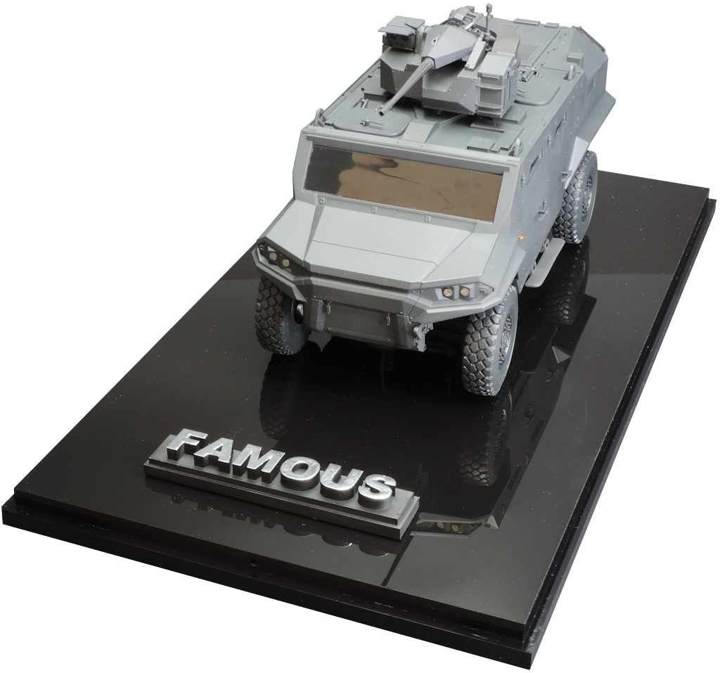 Elevated front view of the FAMOUS LAV Arquus scale model by Promodels on its black display base.