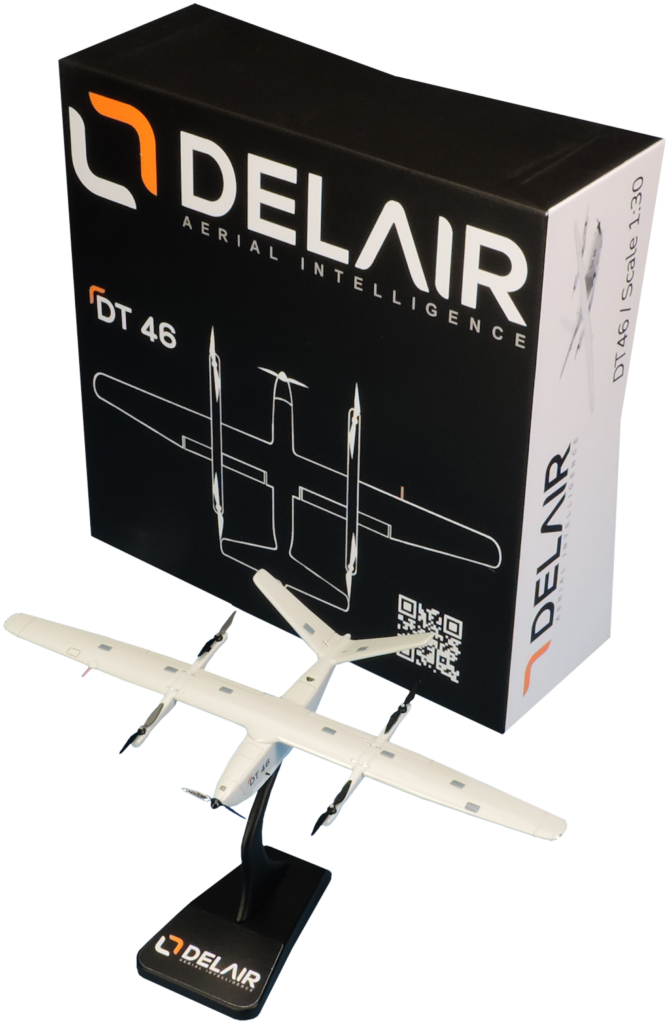 Custom 1/30-scale model of the Delair DT46 tactical drone, displayed with its base and box