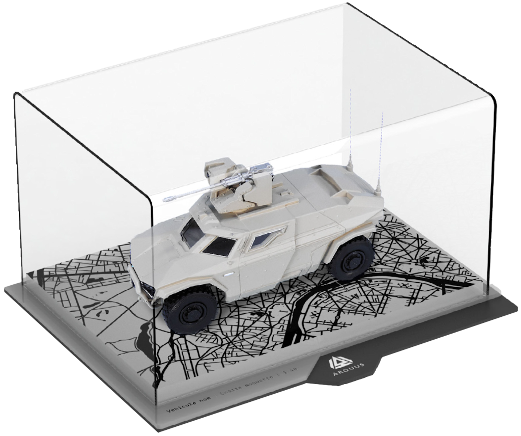 Custom model of an Arquus armored vehicle with a turret, displayed in a glass case on a map-themed base