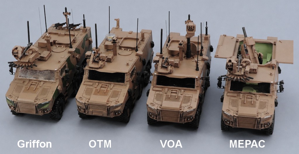 Four models of the VBMR Griffon produced by Promodels, shown from left to right in the standard, OTM, VOA, and MEPAC versions