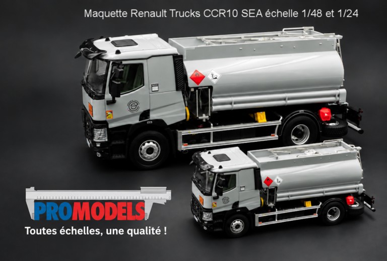 Deux maquettes de camions-citernes à différentes échelles illustrant la qualité de fabrication Promodels, avec le slogan « Toutes échelles, une qualité ! ».