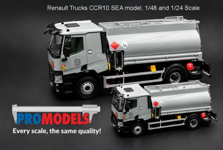 Two tanker truck scale models in different sizes showcasing Promodels craftsmanship, with the tagline “Every scale, the same quality!”